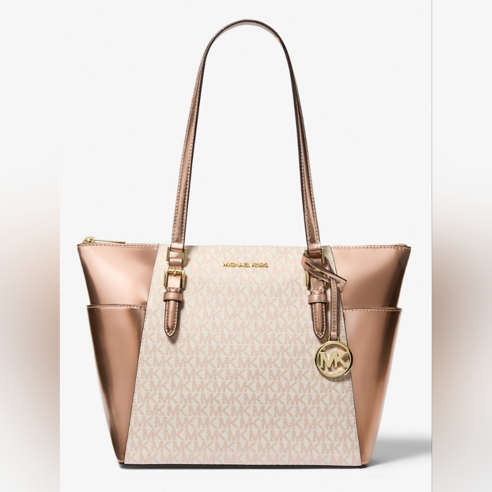 NWT Michael Kors Charlotte Signature Logo Rose Metallic Top-Zip Tote Bag Large